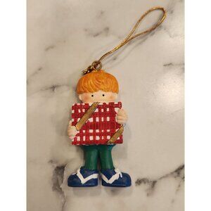 Vintage Boy Christmas Ornament With Checkered Gift & Gold String